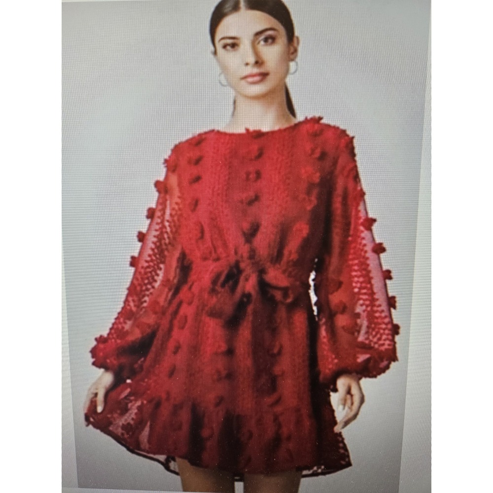 NWT A. Calin by Flying Tomato Red LS Rosette Pom-Poms Boho Mini Dress, Sz. Med.